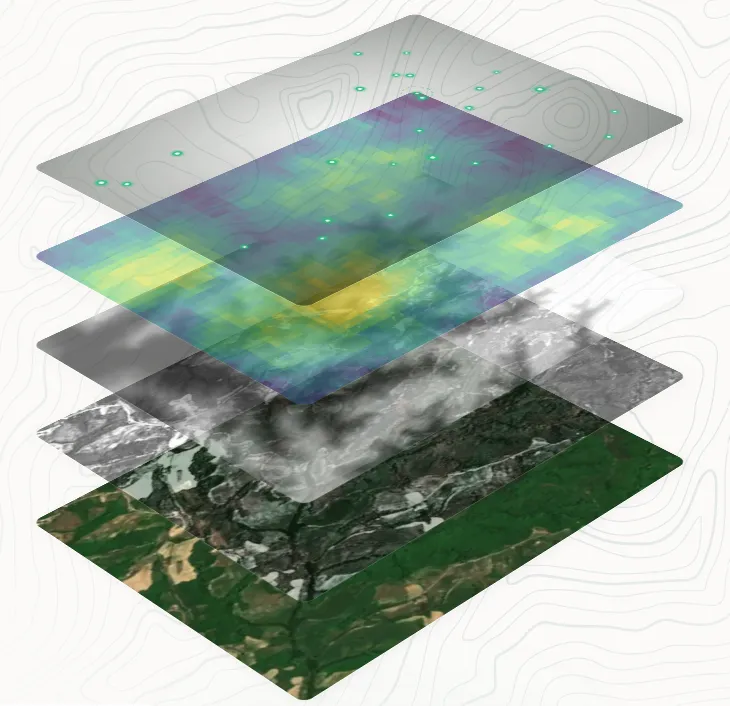 Stacked geospatial raster layers over terrain