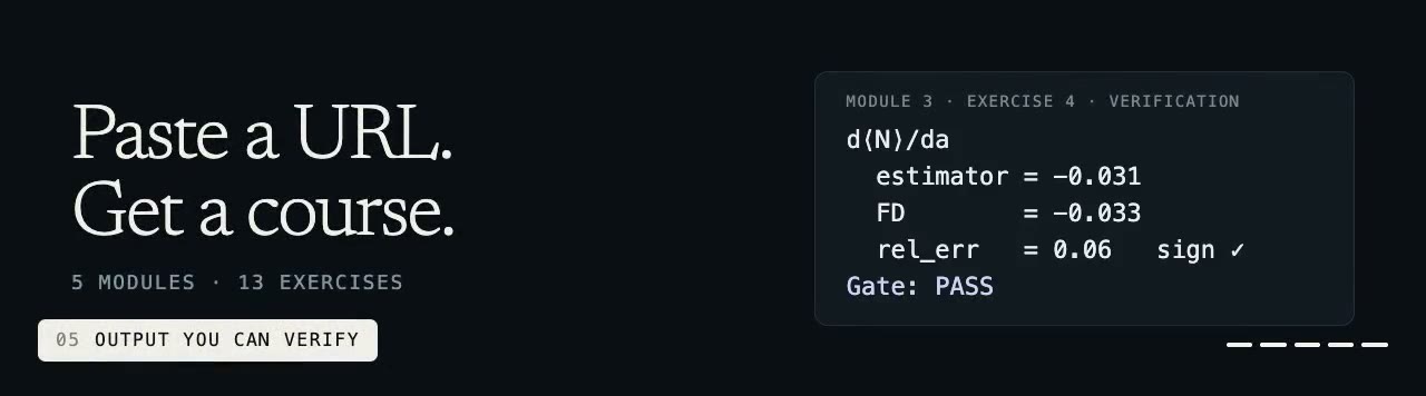 Distill: paste a URL, get a course. 5 modules, 13 exercises, with a passing verification gate