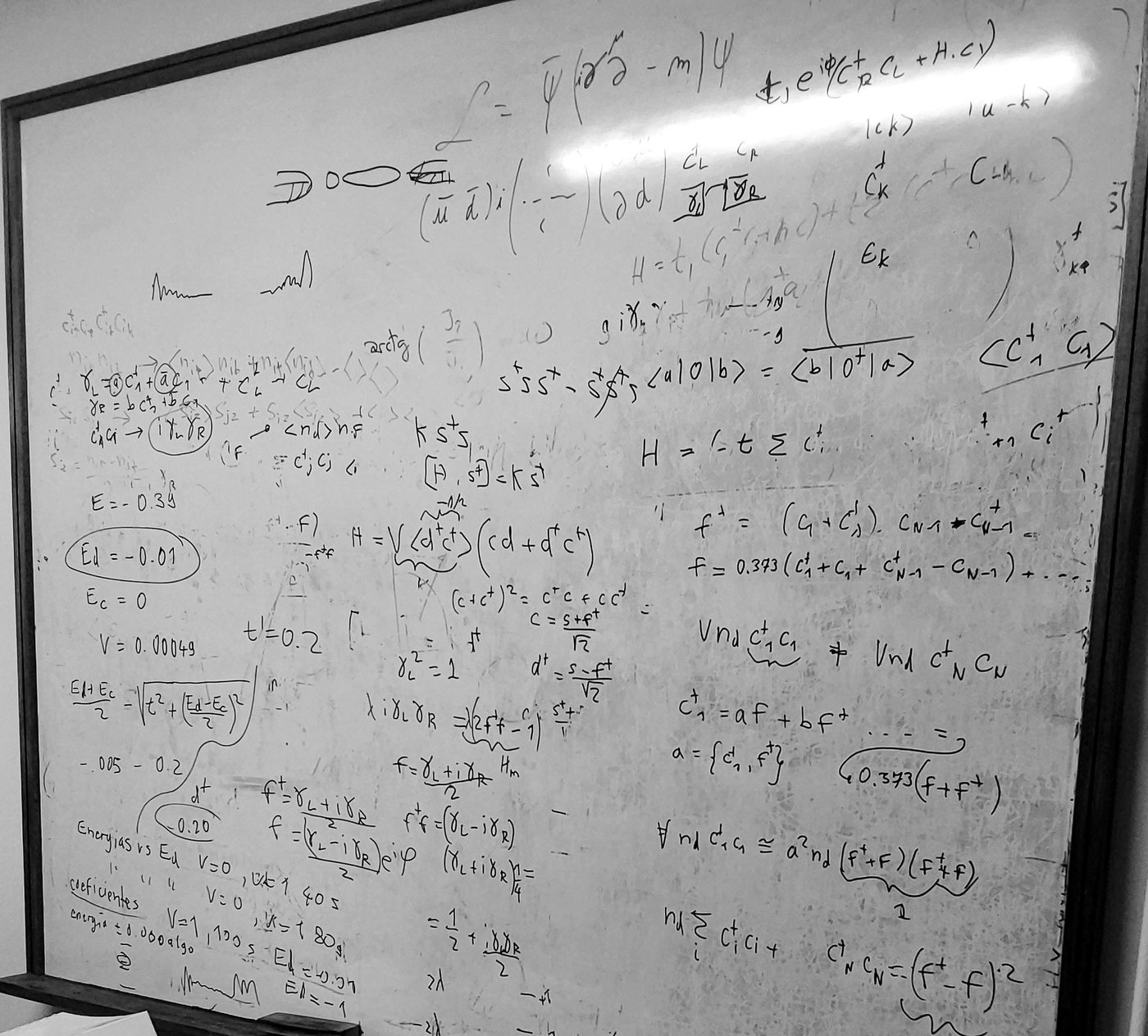 The whiteboard covered in handwritten Majorana and Kitaev-chain derivations