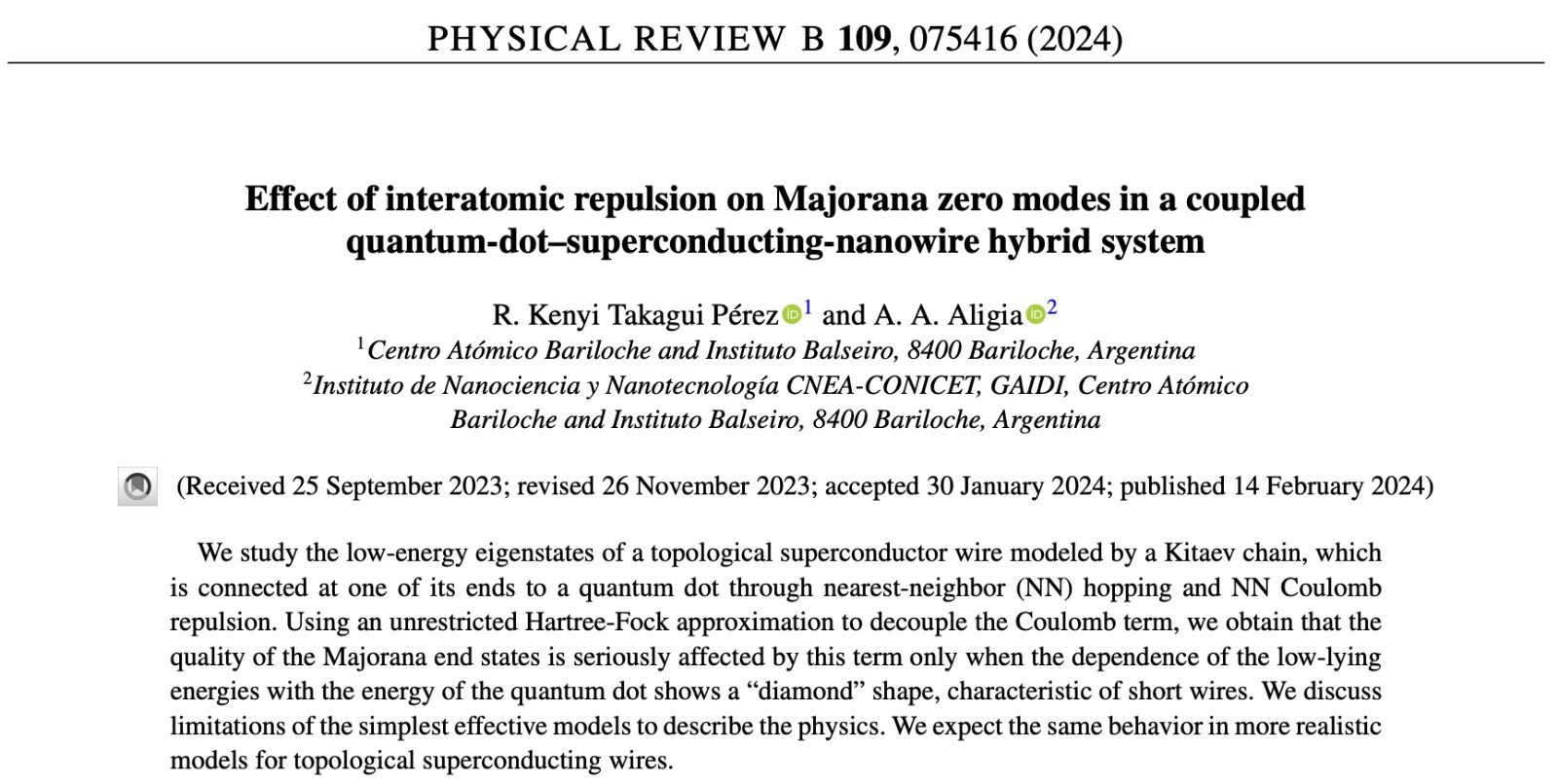 First page of Phys. Rev. B 109, 075416: Effect of interatomic repulsion on Majorana zero modes in a coupled quantum-dot–superconducting-nanowire hybrid system
